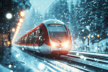 A modern train travels through a snowy landscape, showcasing its vibrant colors against the serene winter backdrop.