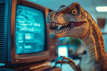 Fototapeta premium A playful dinosaur interacts with a vintage computer, showcasing a blend of technology and imagination. The vibrant scene sparks interest and curiosity, perfect for creative projects.