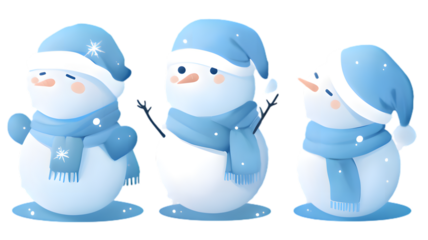 Three cartoon snowmen in various poses wearing blue hats and scarves