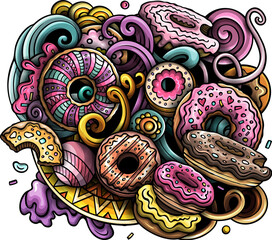 Donuts doodles illustration. Sweets design. Doughnut elements and objects cartoon background. Bright colors funny picture