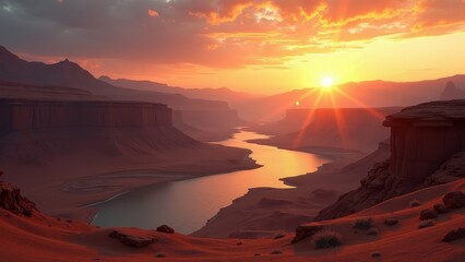 Naklejka premium Desert canyon with winding stream and dramatic sunset sky over dry terrain 