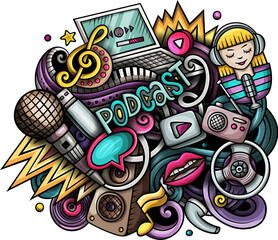 Audio content cartoon doodle design. Colorful detailed composition with lot of media objects and symbols.