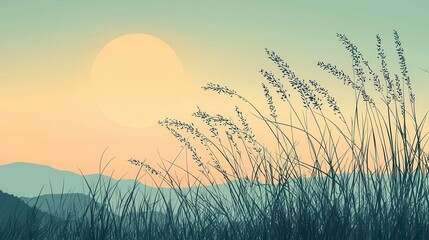 Silhouettes of windswept grass against a pastel sunset over mountains.