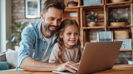 Father and daughter enjoying quality time together while using a laptop at home, cozy atmosphere