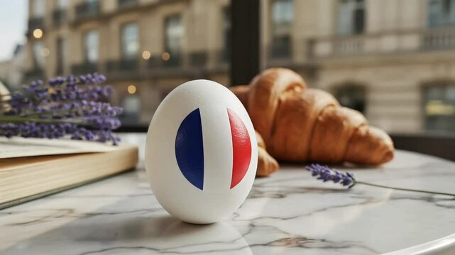 Easter egg with a sticker of the Italian flag on a cafe table, croissants and a sprig of lavender lie nearby, and a view of a city street is in the background.