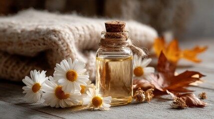 Chamomile Essential Oil with Fresh and Dried Chamomile Flowers on a Rustic Wooden Background.