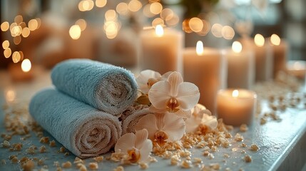 Make a tranquil spa ambiance banner for Mother's Day offers featuring cozy towels, peaceful candles, and fragrant flowers