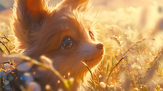 A small dog with large ears sitting in a field of flowers during sunset