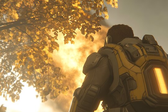 Fototapeta A futuristic figure in a protective suit stands amidst a hazy golden sky.