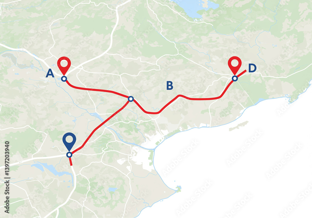 Poster map with route showing destinations a b and d on a geographical map highlighting the path and key lo