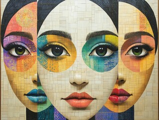 Colorful mosaic portrait of a woman's face.