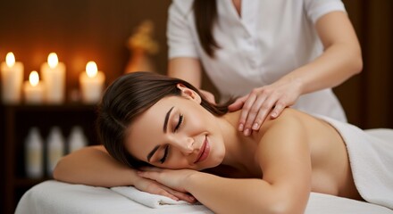 Fototapeta premium Relaxing back massage warm candlelight spa. AI Generated