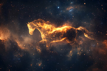 Fototapeta premium Majestic glowing horse symbolizing freedom and strength in a cosmic landscape of stars and galaxies
