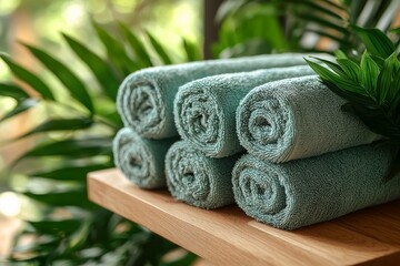 Clean soft towels are rolled and placed on a white table in a hotel and spa mockup with a banner and copy space