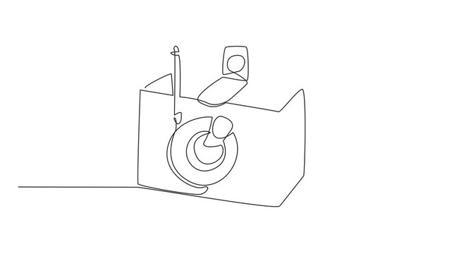 Self drawing animation of single one line drawing pinhole camera made of wood. Simple camera that does not have lens. Shooting using negative paper. World Pinhole Photography Day. Full length animated