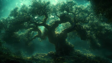 Obraz premium Ethereal ancient tree glows in enchanted forest.