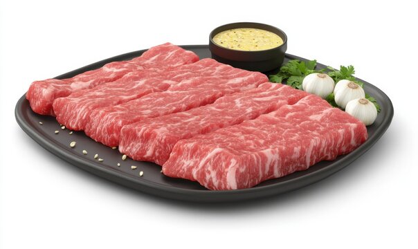 Raw beef strips, marinade, garlic, parsley, plate. Food photography for menu, recipe, or advertisement