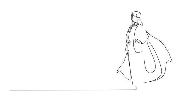 Animated self drawing of single continuous line drawing female doctor standing wearing robe and wings. Professional workers who seem to work all the time. National Superhero Day. Full length animation