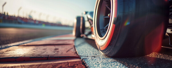 Close-up of racing car on track at sunset.