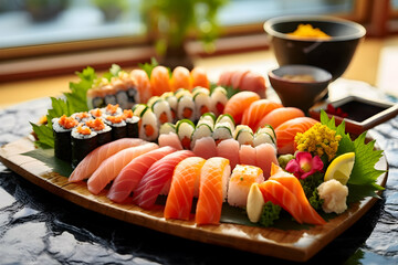 Sushi platter with various types of sushi and sashimi, featuring shrimp, tuna fish slices, and fresh green salad leaves on rice balls