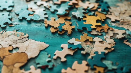 Fototapeta premium Puzzle pieces of global economies scattered and misaligned, unable to form a whole