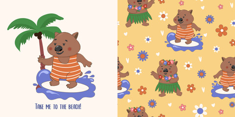 Obraz premium Cartoon cute wombat with surf vector illustration. Print design animal for textile, fabric, wrapping paper, t-shirt.