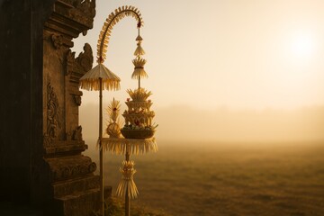 Ornate Penjor and Offerings at a Balinese Temple in the Morning Mist