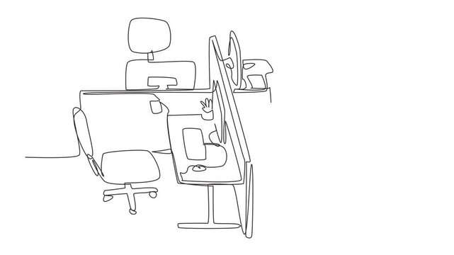 Self drawing animation of single one line drawing 4 rotating cubicle office boxes. Anti mainstream workspace design. Convenience during staff meetings. National Cubicle Day. Full length animated