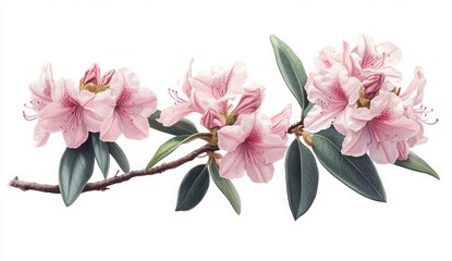 Naklejka premium Delicate Pink Rhododendron Blossoms on a Branch with Green Leaves against a White Background for Floral Decor
