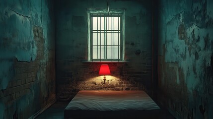 Obraz premium Moody, dimly lit room with a single bed and red lamp under a barred window.