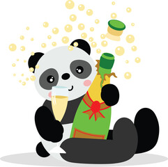 Panda celebrating holding bottle of sparkling wine