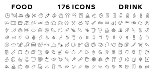 Food and drink icon collection set. Thin outline icons. Meat, milk, noodle, soup, bread, egg, cake, sweets, fruits, vegetables, drinks, nutrition, pizza, fish, sauce, cheese icon