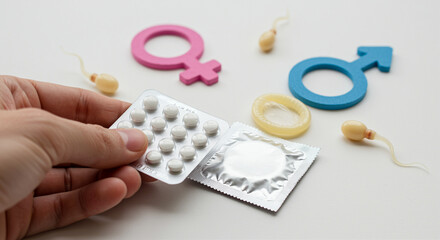 Contraceptives birth control pills and condoms with male and female symbols and sperm cells for sexual health and fertilization picture