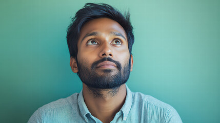 Fototapeta premium Man Looking Upward: A contemplative young man with dark hair and beard gazes upward, lost in thought against a tranquil teal background.