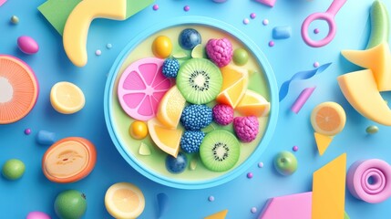 Colorful fruit bowl, vibrant background, playful design, food blog