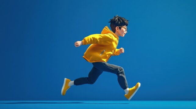 A child in a yellow jacket running against a blue background