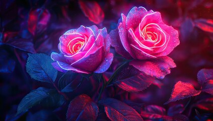 Two vibrant neon roses illuminated in a dark garden.