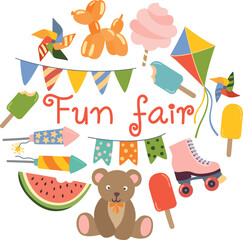 Fun fair elements in circle form and with the inscription. Colorful round banner with kite, ice cream, firework, garland, teddy bear, balloon dog, pinwheel 