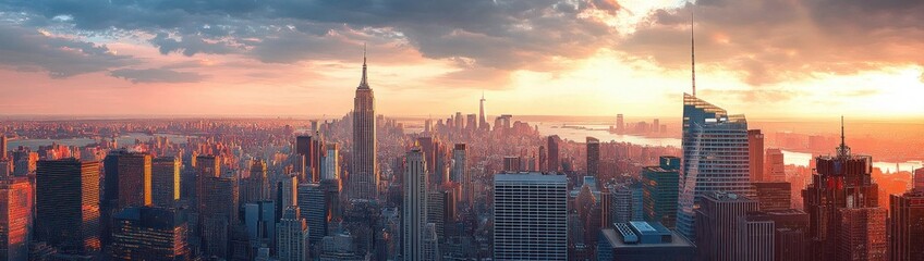 Fototapeta premium Sunset Over Modern Skyscrapers in Manhattan Cityscape