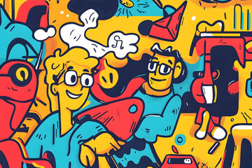 Playful art creation featuring vibrant characters and colors with colored pencils nearby at a creative workspace during daytime