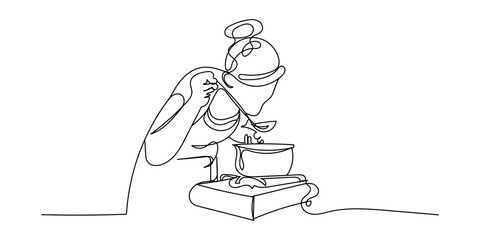 Woman Cooking Food - Continuous Line Drawing Isolated on White