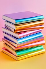 Colorful Stack of Metallic Edged Books on Pastel Background