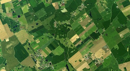 Fototapeta premium Aerial view patchwork farmland vibrant green hues. AI Generated
