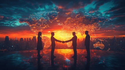 Silhouetted figures shake hands against a digital global map backdrop at sunset.