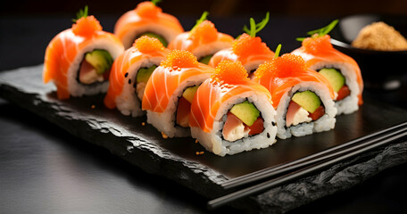 Sushi rolls with chopsticks, close-up of sushi on a black stone plate, fresh salmon and avocado in maki rolls, high-resolution photography, food magazine style, highly detailed.