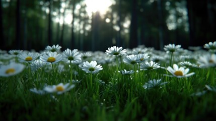A field of white daisies in a sunlit forest.  A carpet of flowers in a natural setting