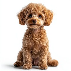 Cute fluffy brown dog sitting calmly against a white background, showcasing its playful and friendly personality in a studio setting