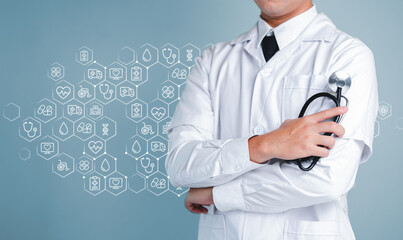 Professional Doctor with Stethoscope and Medical Icons Background