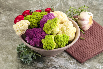Raw cauliflower different colors heap