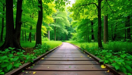 Obraz premium Wooden plank pathway leading to a forest clearing, foliage, rustic wood planks, forest